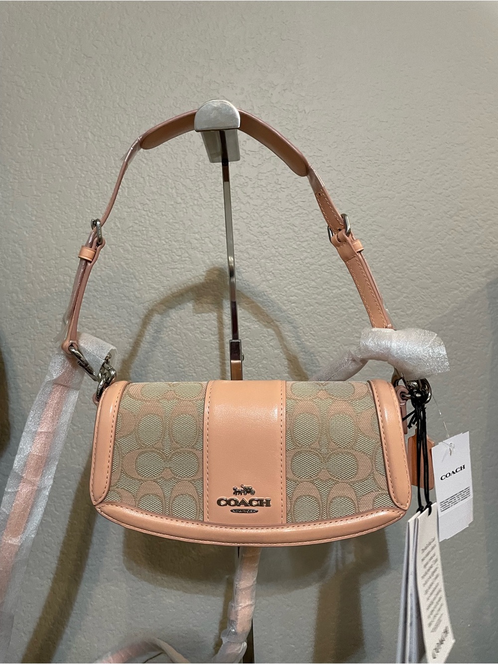 Coach Pink Signature Canvas Shoulder Bag with Leather Trim